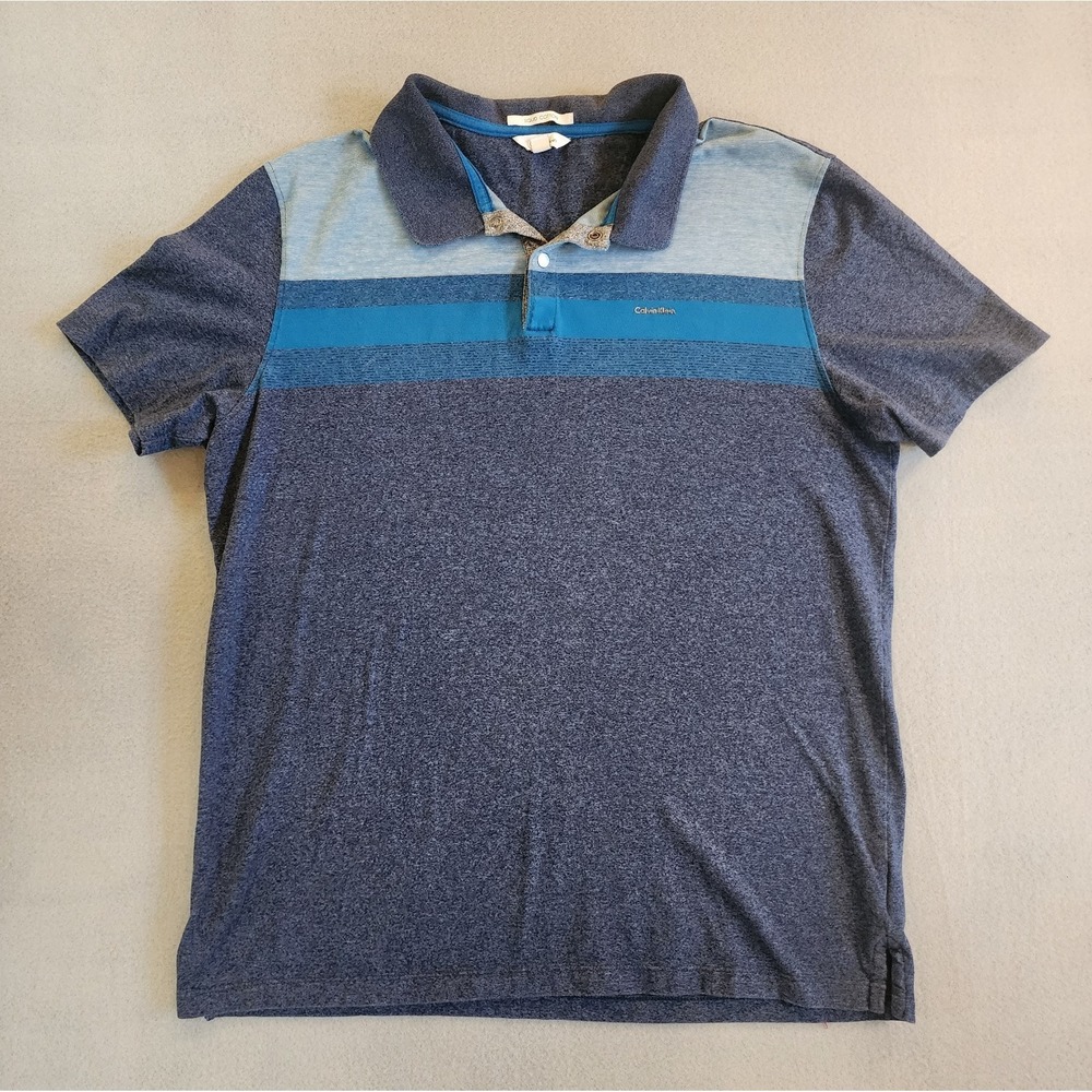 Calvin Klein Liquid Cotton Polo Shirt Mens Large Blue‎ Striped Short Sleeve